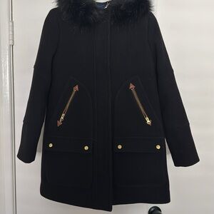K crew chateau coat, size 4, w/black fur hood, classic coat in great condition